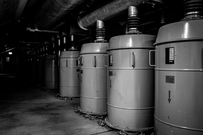 Row of industrial transformers in a dark room.